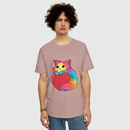 Мужская футболка оверсайз Влюбленный котик держит сердце / Пыльно-розовый – фото 3