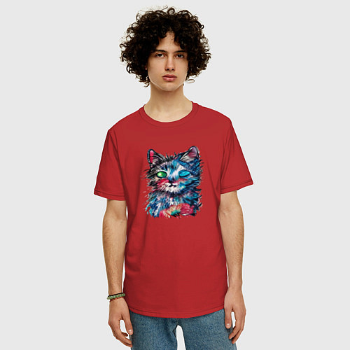 Мужская футболка оверсайз Космический кот Space cat / Красный – фото 3