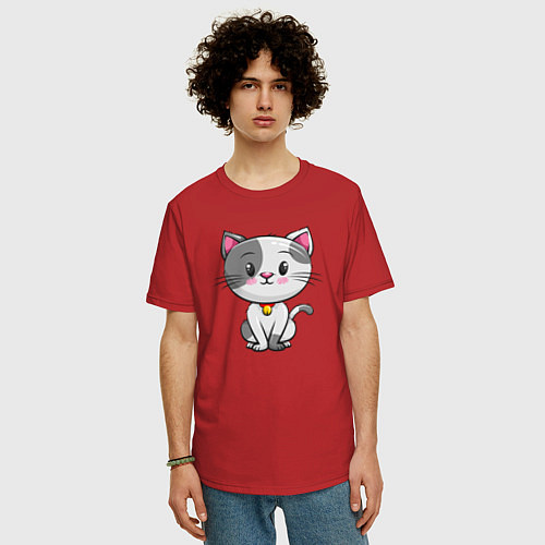 Мужская футболка оверсайз Серый маленький котенок / Красный – фото 3