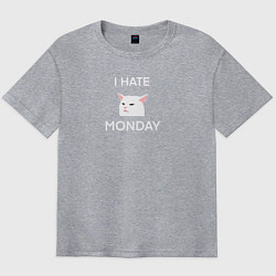 Футболка оверсайз мужская I hate monday текст с котом, цвет: меланж