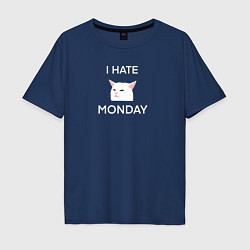 Мужская футболка оверсайз I hate monday текст с котом