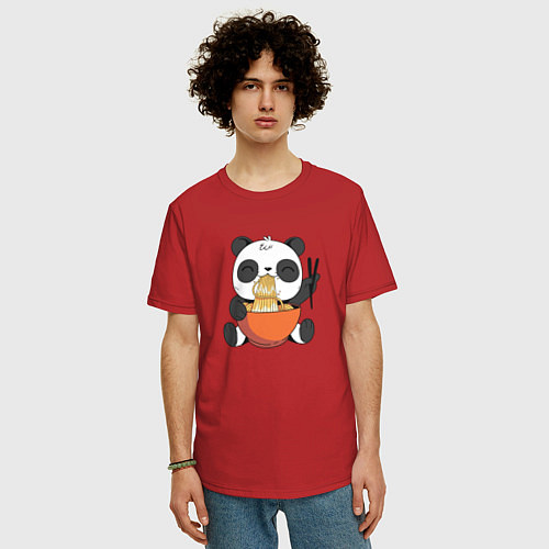 Мужская футболка оверсайз Cute Panda Eating Ramen / Красный – фото 3