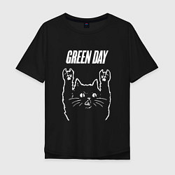 Футболка оверсайз мужская Green Day Рок кот, цвет: черный