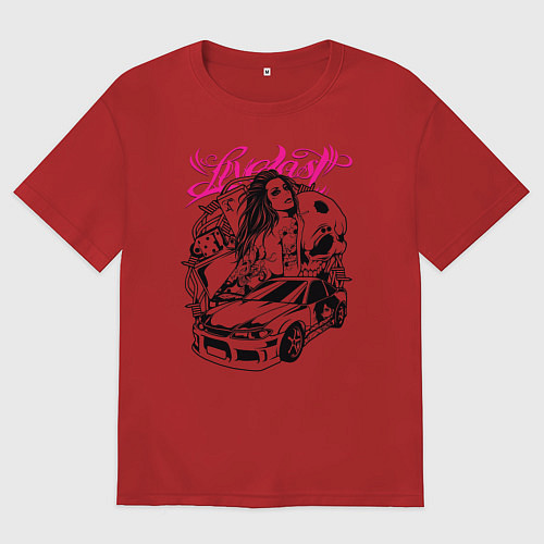 Мужская футболка оверсайз Девушка с тату и череп / Красный – фото 1