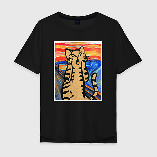 Мужская футболка оверсайз Орущий кот пародия на Крик Мунка / Черный – фото 1
