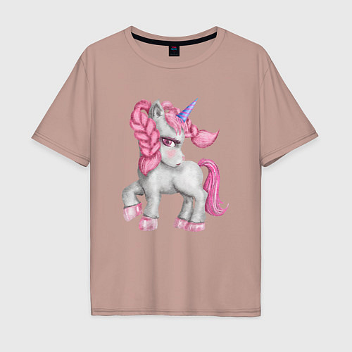 Мужская футболка оверсайз Единорог с розовой гривой / Пыльно-розовый – фото 1
