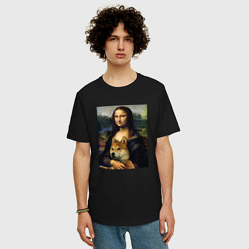 Мужская футболка оверсайз Shiba Inu Mona Lisa / Черный – фото 3
