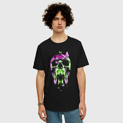 Мужская футболка оверсайз Skull & Butterfly Neon / Черный – фото 3