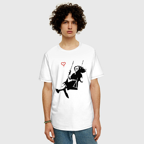 Мужская футболка оверсайз Banksy - Бэнкси девочка на качелях / Белый – фото 3