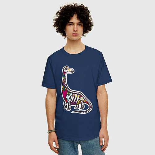Мужская футболка оверсайз Разноцветный скелет динозавра / Тёмно-синий – фото 3