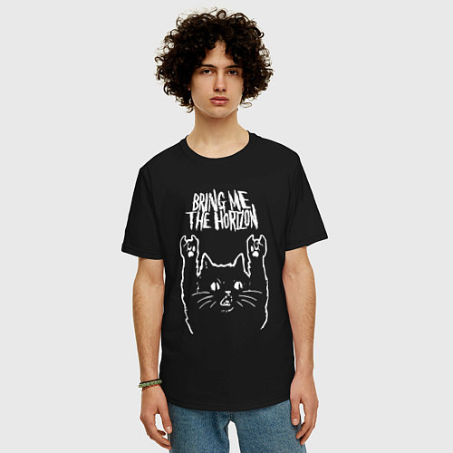 Мужская футболка оверсайз Bring Me the Horizon Рок кот / Черный – фото 3