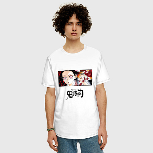 Мужская футболка оверсайз Клинок, рассекающий демонов Незуко Камадо лого / Белый – фото 3