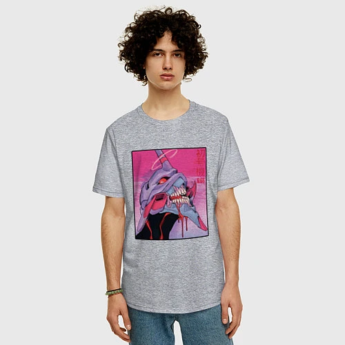 Мужская футболка оверсайз Ева 02 Neon Evangelion / Меланж – фото 3