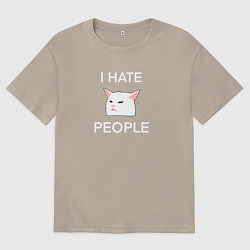 Футболка оверсайз мужская I hate people, текст с белым мемным котом, цвет: миндальный