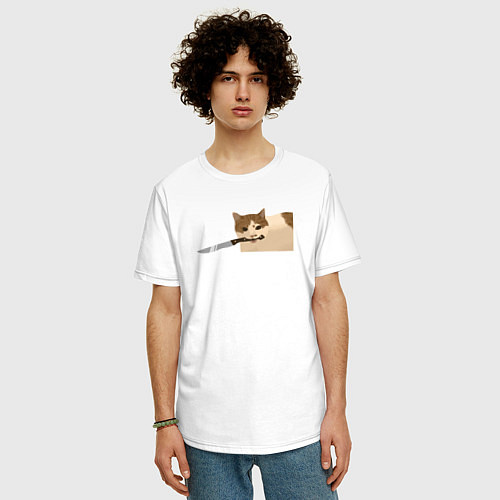 Мужская футболка оверсайз Бело-рыжий кот с ножом / Белый – фото 3