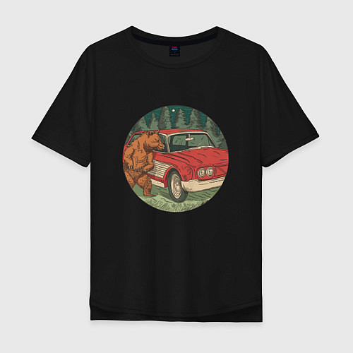 Мужская футболка оверсайз Медведь и машина в лесу / Черный – фото 1