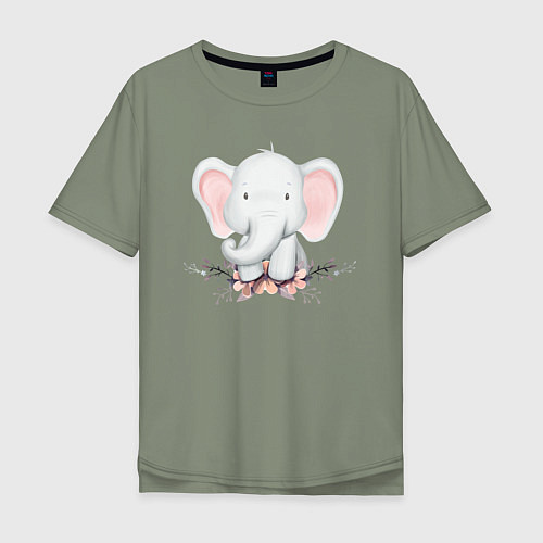 Мужская футболка оверсайз Милый Слонёнок С Цветами / Авокадо – фото 1