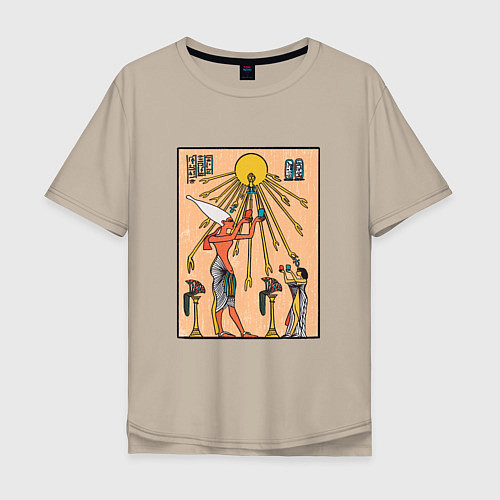 Мужская футболка оверсайз Египетская фреска Атон с иероглифами / Миндальный – фото 1