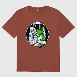 Футболка оверсайз мужская Космонавт с инопланетным котом, цвет: кирпичный