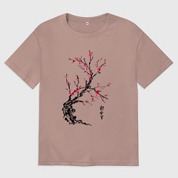 Футболка оверсайз мужская Сакура с иероглифами, цвет: пыльно-розовый
