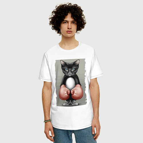 Мужская футболка оверсайз Крутой котяра в боксёрских перчатках Cool cat in b / Белый – фото 3