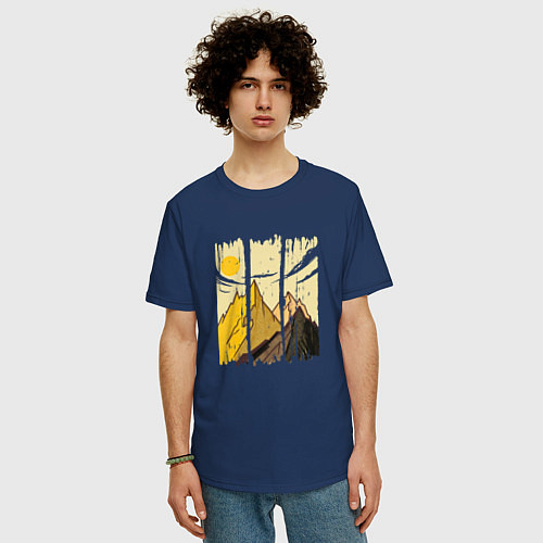 Мужская футболка оверсайз Горный Пейзаж в штрихах Mountain Landscape Strokes / Тёмно-синий – фото 3
