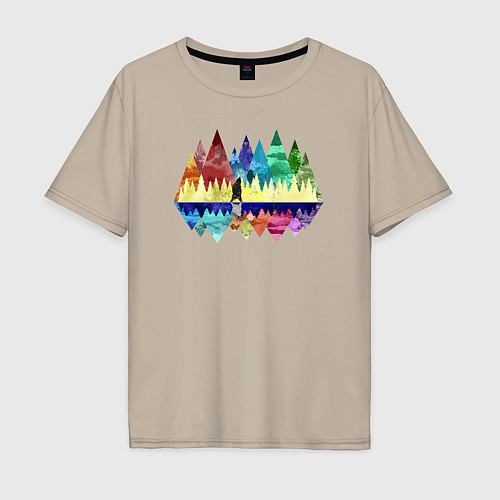 Мужская футболка оверсайз Медведь и разноцветные горы / Миндальный – фото 1