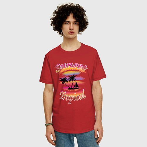 Мужская футболка оверсайз Тропический закат пальмы яхта unsets tropical / Красный – фото 3