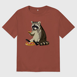 Футболка оверсайз мужская Енот кушает пиццу, цвет: кирпичный