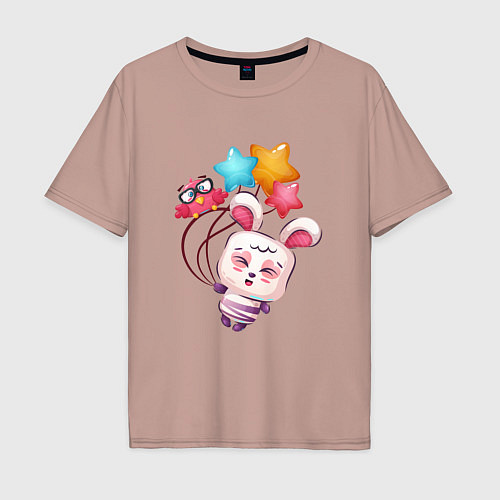 Мужская футболка оверсайз Радостный зайка с шариками / Пыльно-розовый – фото 1