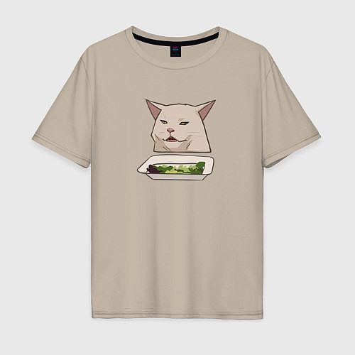 Мужская футболка оверсайз Кот с салатом из мема / Миндальный – фото 1
