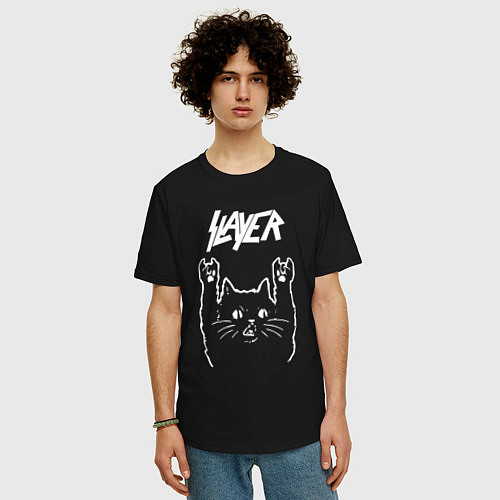 Мужская футболка оверсайз Slayer Рок кот / Черный – фото 3