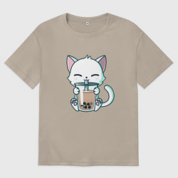 Футболка оверсайз мужская Котик с бабл ти, цвет: миндальный