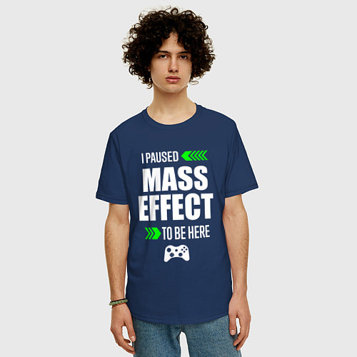 Мужская футболка оверсайз I Paused Mass Effect To Be Here с зелеными стрелка / Тёмно-синий – фото 3