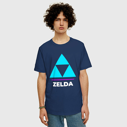 Мужская футболка оверсайз Символ Zelda в неоновых цветах / Тёмно-синий – фото 3