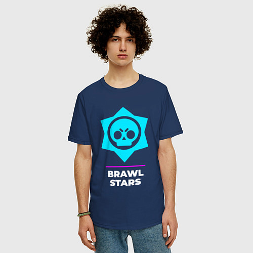 Мужская футболка оверсайз Символ Brawl Stars в неоновых цветах / Тёмно-синий – фото 3