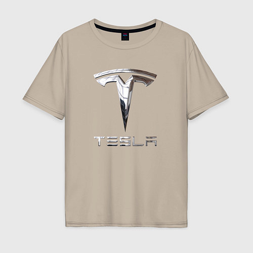 Мужская футболка оверсайз Tesla Logo Тесла Логотип / Миндальный – фото 1