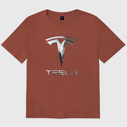 Футболка оверсайз мужская Tesla Logo Тесла Логотип, цвет: кирпичный