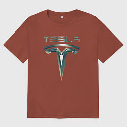 Футболка оверсайз мужская Tesla Logo Тесла Логотип Карбон, цвет: кирпичный
