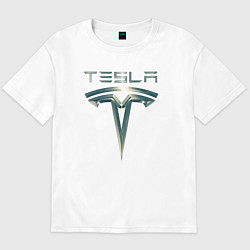 Футболка оверсайз мужская Tesla Logo Тесла Логотип Карбон, цвет: белый