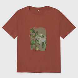 Футболка оверсайз мужская Нежные листья на акварельном фоне, цвет: кирпичный