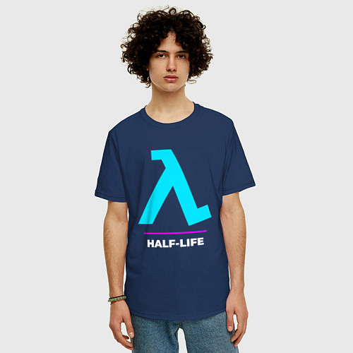 Мужская футболка оверсайз Символ Half-Life в неоновых цветах / Тёмно-синий – фото 3