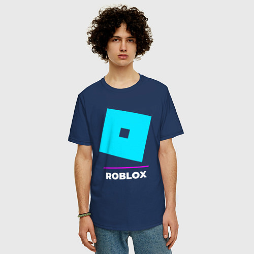 Мужская футболка оверсайз Символ Roblox в неоновых цветах / Тёмно-синий – фото 3