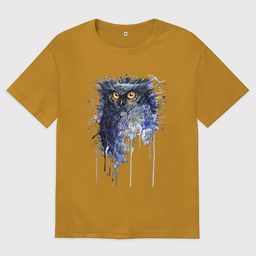 Мужская футболка оверсайз Прикольная сова в акварельном рисунке / Горчичный – фото 1