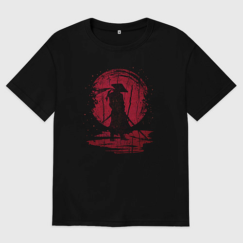 Мужская футболка оверсайз Самурай и красная луна / Черный – фото 1