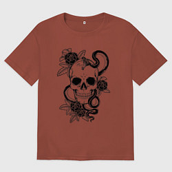Футболка оверсайз мужская Чёрная мамба обвивает череп и розы, цвет: кирпичный