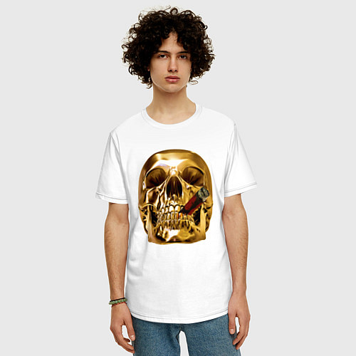 Мужская футболка оверсайз Золотой череп с сигарой / Белый – фото 3