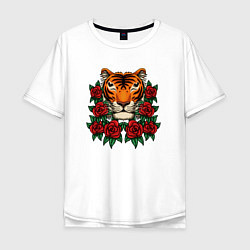 Футболка оверсайз мужская Тигр в розах, цвет: белый
