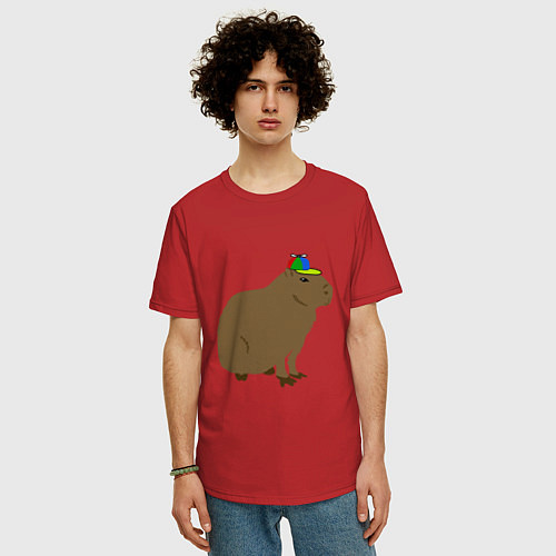 Мужская футболка оверсайз Капибара с кепкой-пропеллером / Красный – фото 3