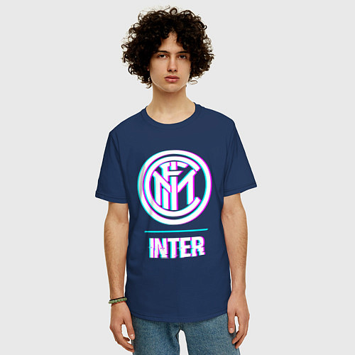 Мужская футболка оверсайз Inter FC в стиле glitch / Тёмно-синий – фото 3